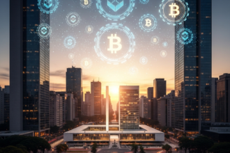 Horizonte de cidade brasileira futurista com ícones holográficos digitais de blockchain flutuando sobre prédios.