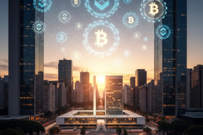 Horizonte de cidade brasileira futurista com ícones holográficos digitais de blockchain flutuando sobre prédios.