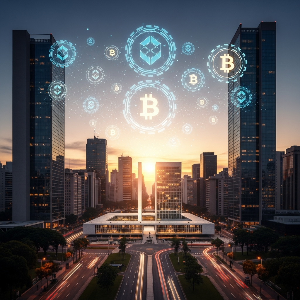 Horizonte de cidade brasileira futurista com ícones holográficos digitais de blockchain flutuando sobre prédios.