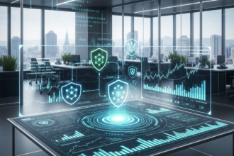 Representação futurista de tecnologia blockchain e gráficos financeiros em um ambiente de escritório moderno.