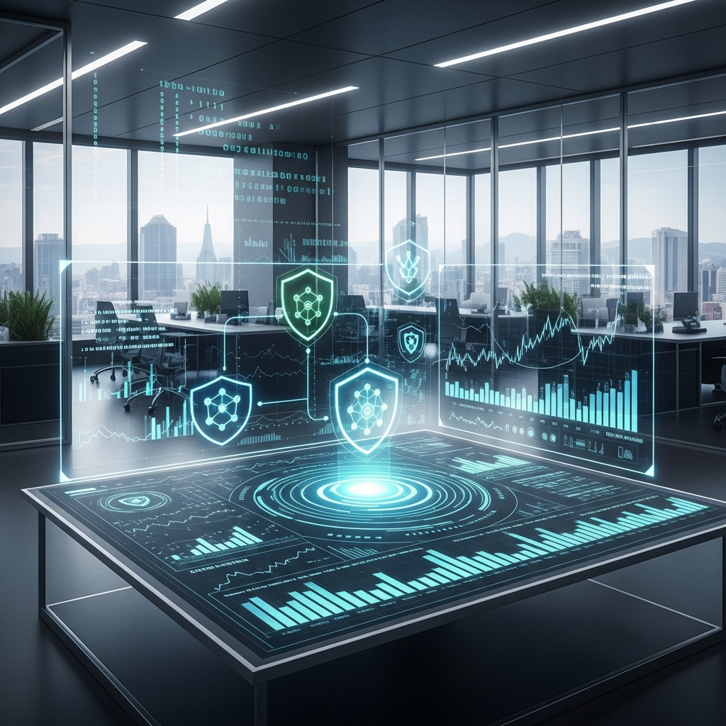 Representação futurista de tecnologia blockchain e gráficos financeiros em um ambiente de escritório moderno.