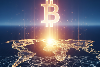 Ilustração digital com símbolo do Bitcoin brilhante sobre mapa-múndi estilizado com luz dourada.