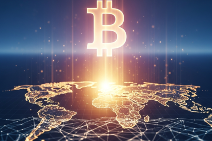 Ilustração digital com símbolo do Bitcoin brilhante sobre mapa-múndi estilizado com luz dourada.