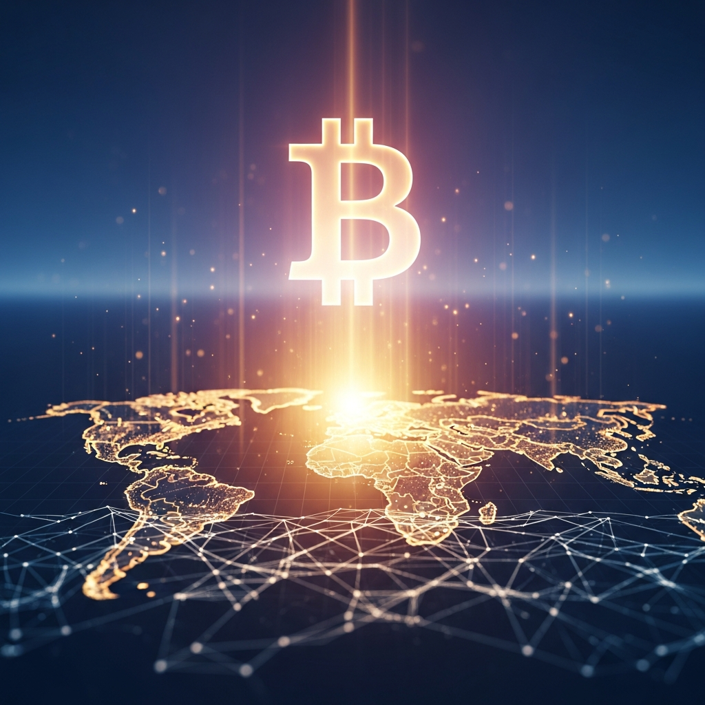 Ilustração digital com símbolo do Bitcoin brilhante sobre mapa-múndi estilizado com luz dourada.