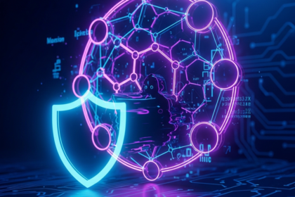 Ilustração digital de rede blockchain com escudo sendo contornado por sombra, tons neon.