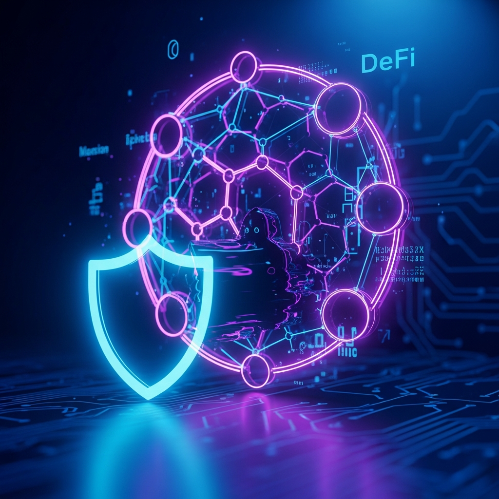 Ilustração digital de rede blockchain com escudo sendo contornado por sombra, tons neon.
