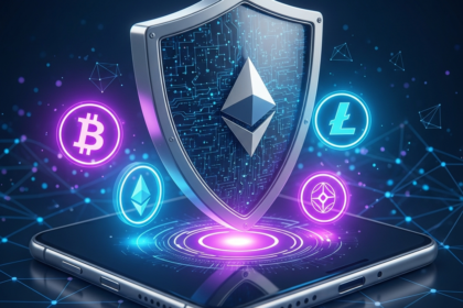 Ilustração digital de um escudo protegendo a tela de um smartphone com ícones de criptomoedas.