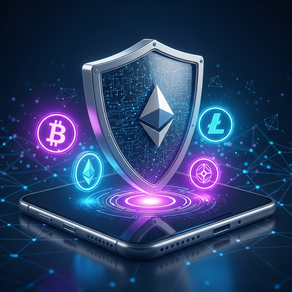 Ilustração digital de um escudo protegendo a tela de um smartphone com ícones de criptomoedas.