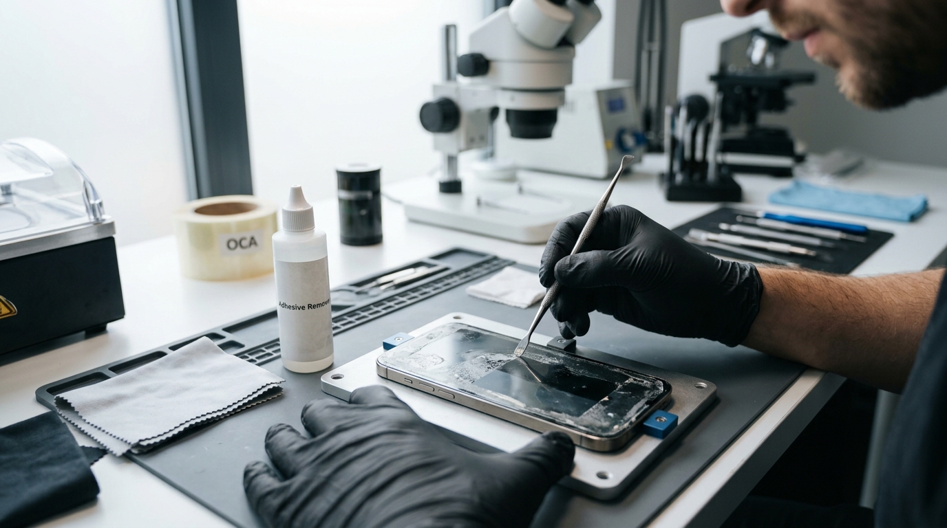 Desafios técnicos na remoção de resíduos de cola UV e preparação de superfície — Como trocar o vidro do iphone 17 pro max